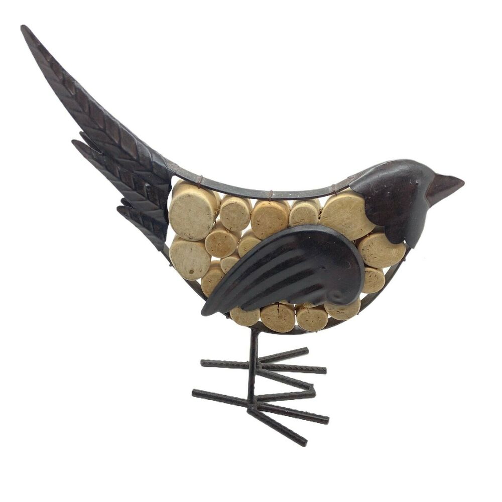 Bird Figurine Decor Brown Metal And Wood or Cork Charming Decorative Standing